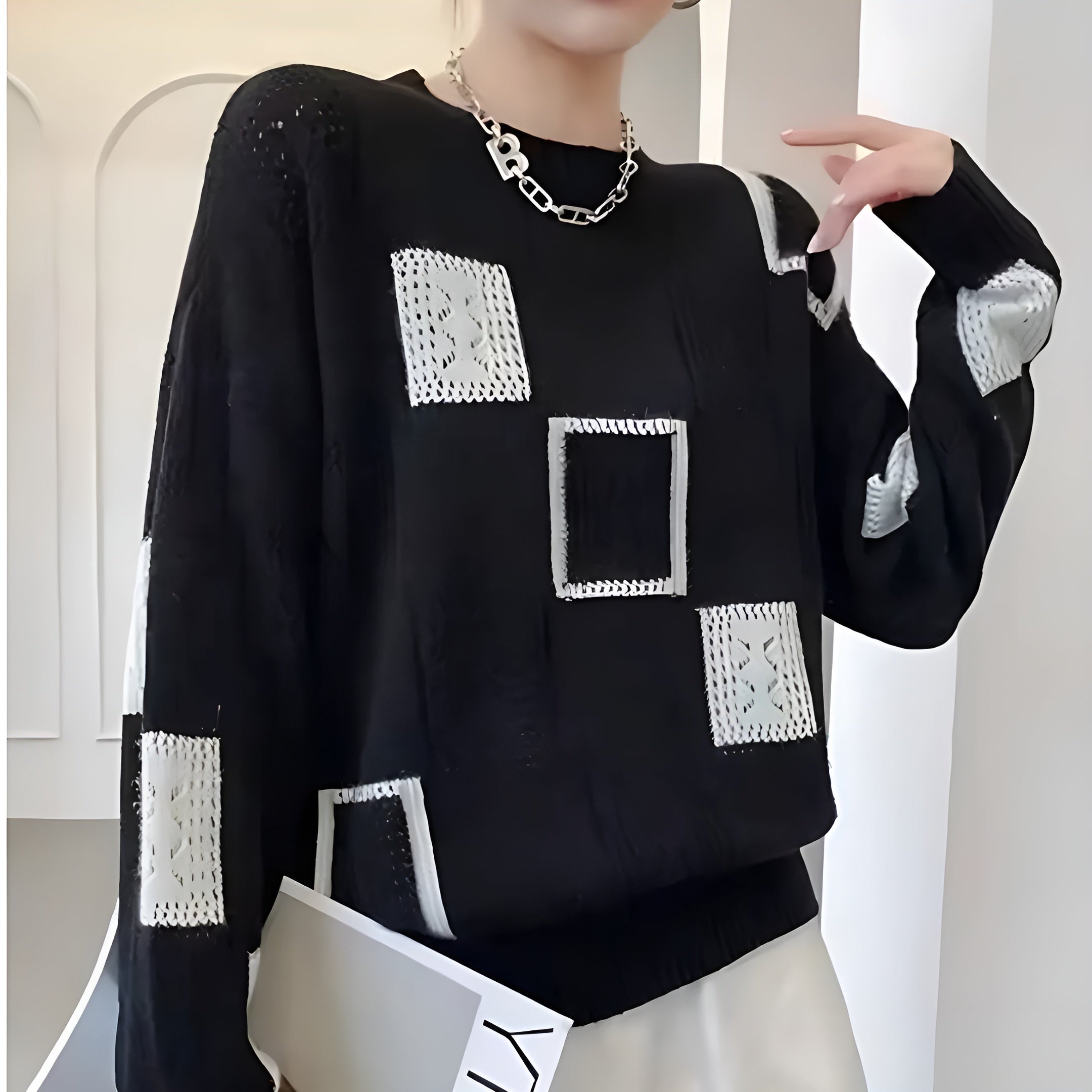 Sweater geométrico Amélia – Elegância moderna para o dia a dia