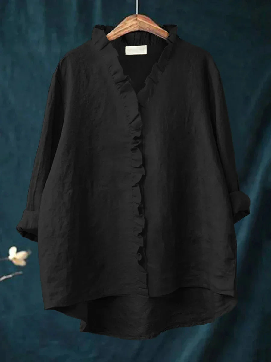 Camisa de Algodão e Linho com Folhos