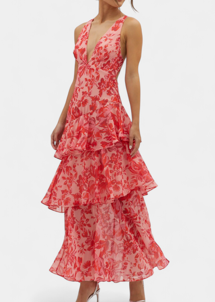 Kensie - Vestido de Chiffon com Decote em V e Camadas Fluidas