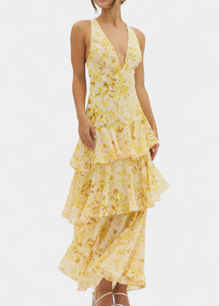 Kensie - Vestido de Chiffon com Decote em V e Camadas Fluidas