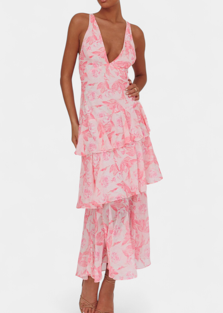 Kensie - Vestido de Chiffon com Decote em V e Camadas Fluidas