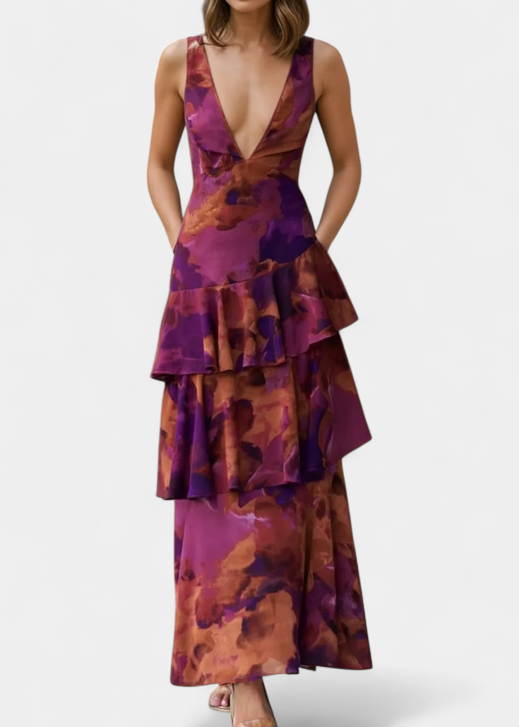 Kensie - Vestido de Chiffon com Decote em V e Camadas Fluidas