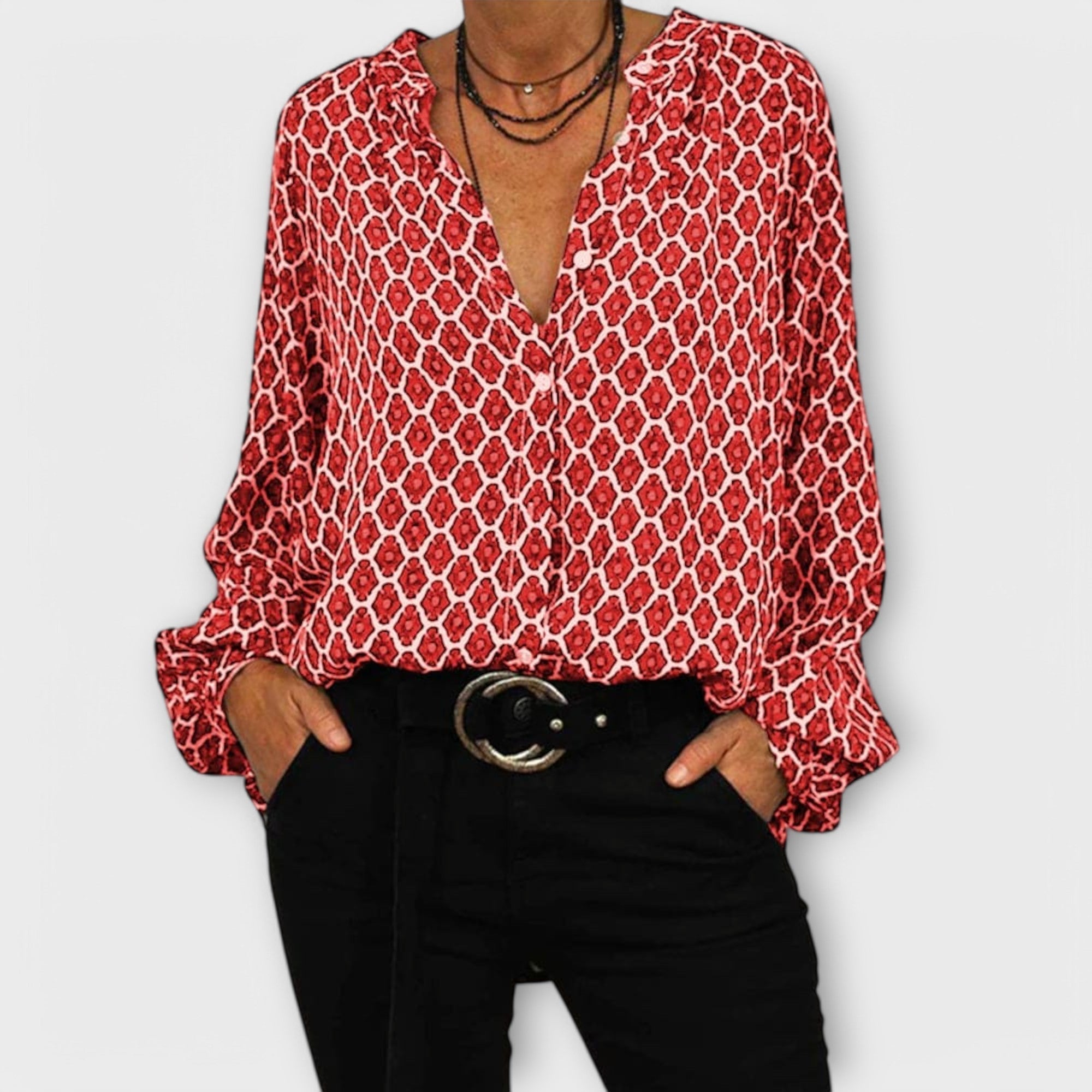 Blusa Elegante com Decote em V e Mangas Longas